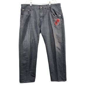 Red Ape Men's Straight Jeans Size 44 Black 5-Pocket Embroidered Logo Dark Wash